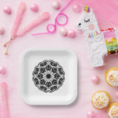  Black and white floral mandala square ペーパープレート (パーティー)