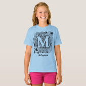 Black and White Floral Monogram Letter M Tシャツ (正面フル)
