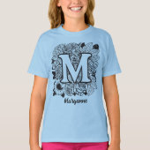 Black and White Floral Monogram Letter M Tシャツ (正面)