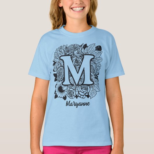 Black and White Floral Monogram Letter M Tシャツ (正面)