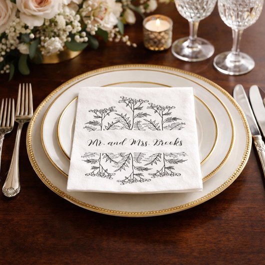 Black and White Floral Personalized Wedding Napkin スタンダードカクテルナプキン