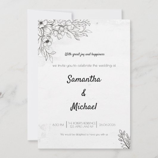 Black and White Floral Photo Wedding Invitation |  招待状 (正面)