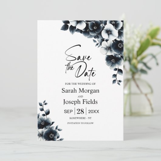 Black and White Floral Save the Date 招待状 (スタンド正面)