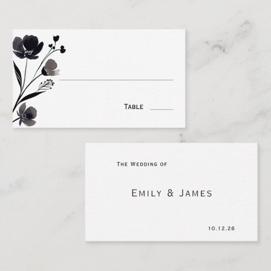 Black and White Floral Wedding プレイスカード (正面/裏面)