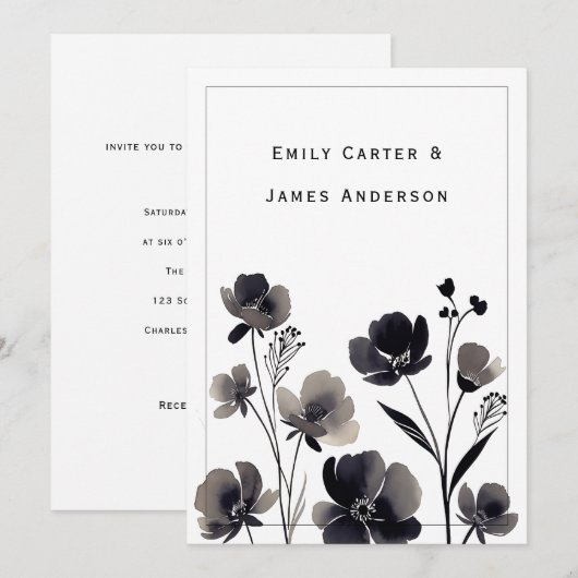 Black and White Floral Wedding 招待状 (正面/裏面)