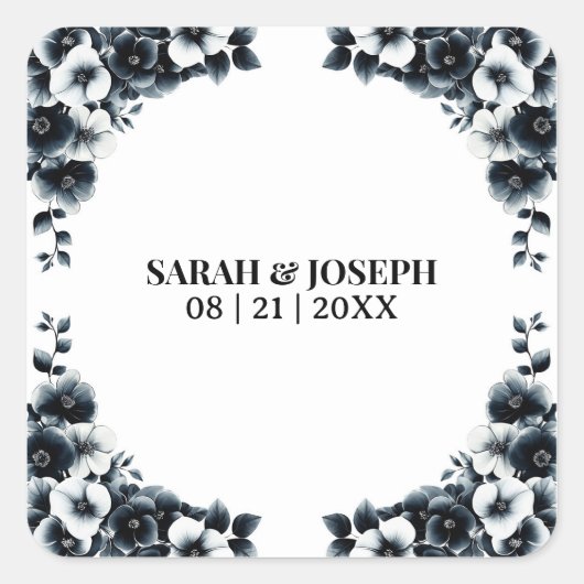 Black and White Floral Wedding Envelope Seal スクエアシール (正面)