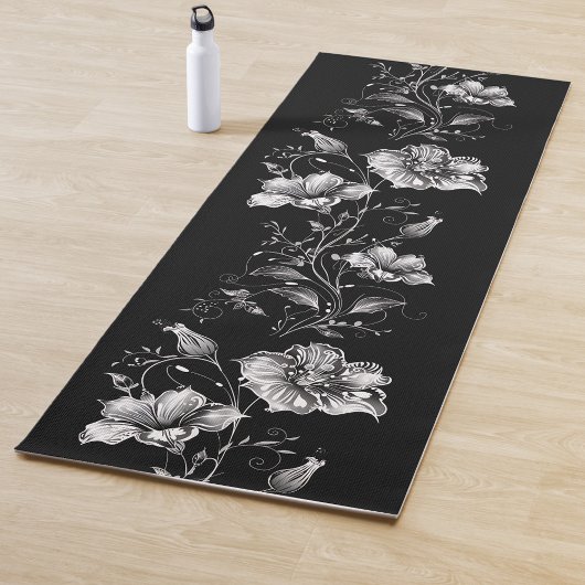 Black and White Floral Yoga Mat ヨガマット