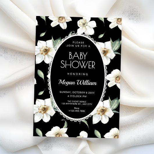 Black and white flowers baby shower 招待状