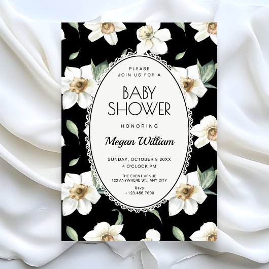 Black and white flowers baby shower 招待状
