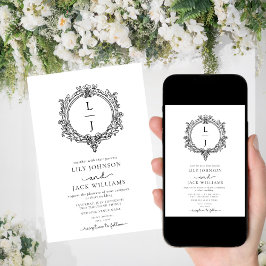 black and white foliage Crest wedding invitation セーブザデート