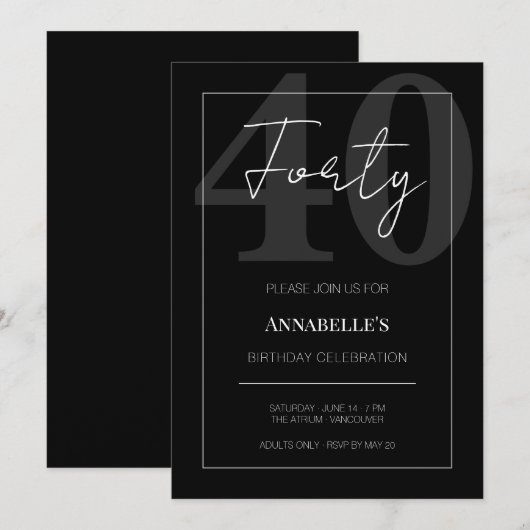 Black and White Forty 40th Birthday Celebration  招待状 (正面/裏面)