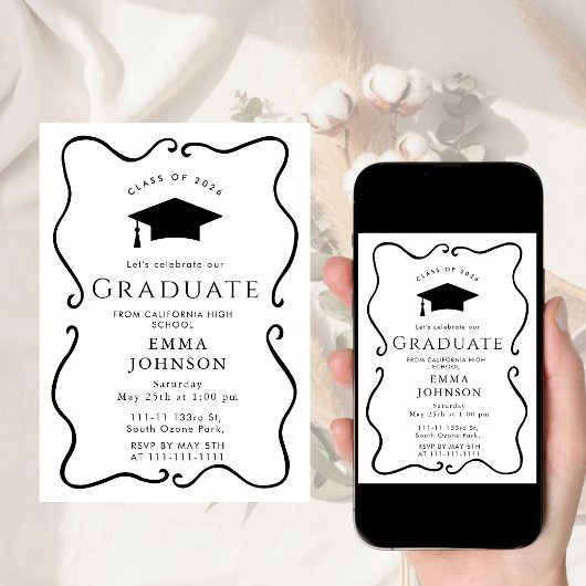 Black and white frame Simple Graduation Party  招待状