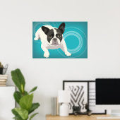 Black and White French Bulldog on Blue Background ポスター (ホームオフィス)