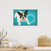 Black and White French Bulldog on Blue Background ポスター (キッチン)