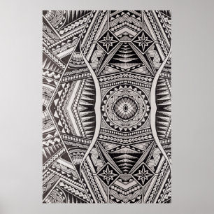 Black and White Geometric Mandala Tribal Pattern ポスター