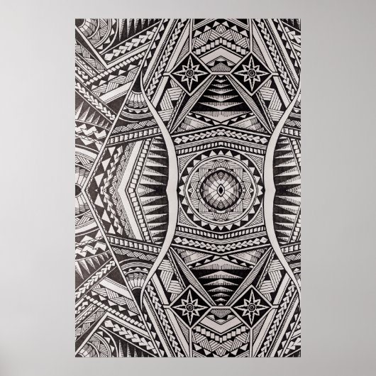 Black and White Geometric Mandala Tribal Pattern ポスター (正面)