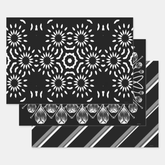Black and White Gift Wrap Set of 3 ラッピングペーパーシート (セット)