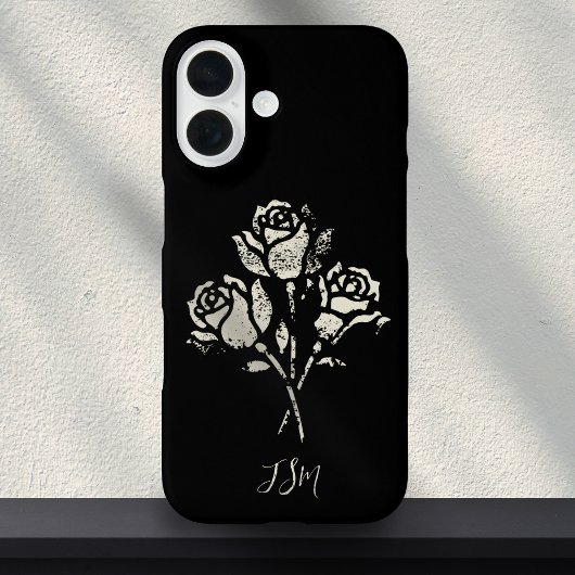 Black and White Grunge Stamp Roses Initials Case-Mate iPhoneケース