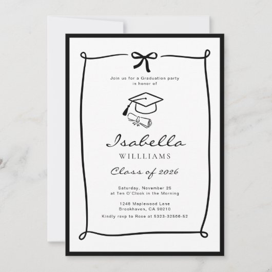 Black and White Hand Drawn Bow graduation 招待状 (正面)