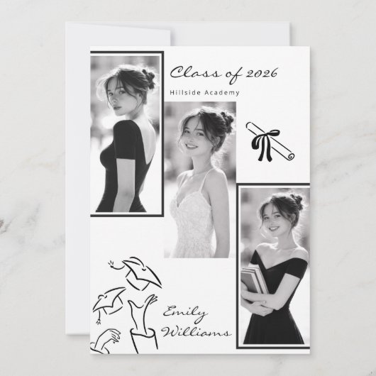 Black and White Hand Drawn Bow graduation 招待状 (裏面)