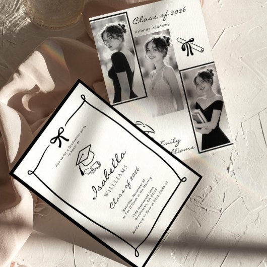 Black and White Hand Drawn Bow graduation 招待状