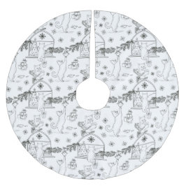 Black and white Hand drawn cats & Christmas tree  ブラッシュドポリエステルツリースカート