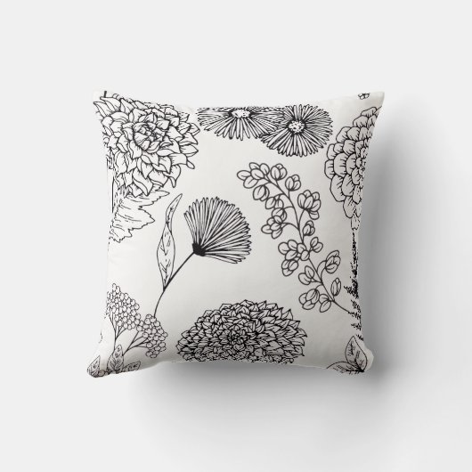 Black and White Hand-Drawn Floral SketThrow Pillow クッション (裏面)