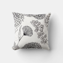Black and White Hand-Drawn Floral SketThrow Pillow クッション