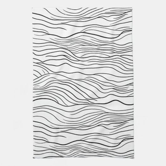 Black and White Hand-Drawn Wavy Line Pattern キッチンタオル (縦)