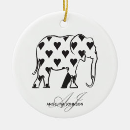 Black and White Heart Pattern Elephant Monogrammed セラミックオーナメント