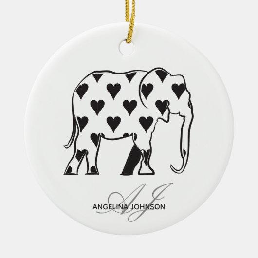 Black and White Heart Pattern Elephant Monogrammed セラミックオーナメント (正面)