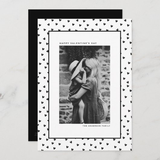 Black and White Heart Pattern Valentine's Day シーズンカード (正面/裏面)