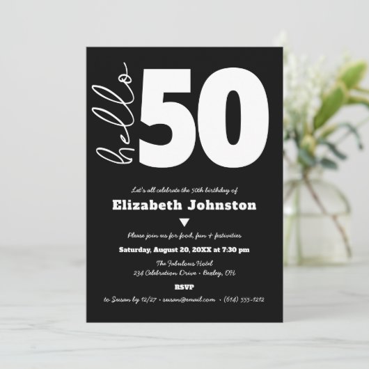 Black and White Hello 50 Fabulous Birthday Bold 招待状 (スタンド正面)