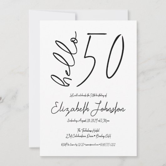 Black and White Hello 50 Fabulous Birthday Simple 招待状 (正面)