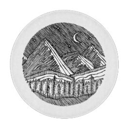 Black and White Ink-Drawn Round Alp Landscape カッティングボード