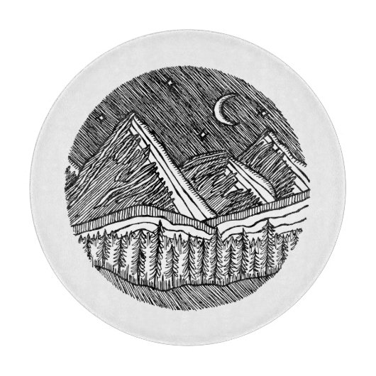 Black and White Ink-Drawn Round Alp Landscape カッティングボード (正面)