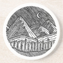 Black and White Ink-Drawn Round Alp Landscape