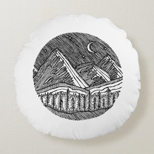 Black and White Ink-Drawn Round Alp Landscape ラウンドクッション (正面)
