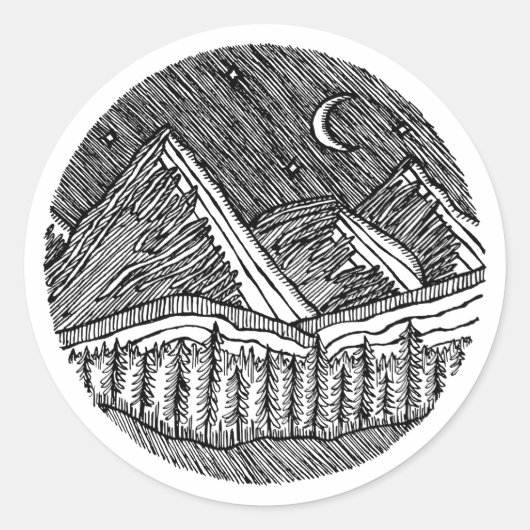 Black and White Ink-Drawn Round Alp Landscape ラウンドシール (正面)