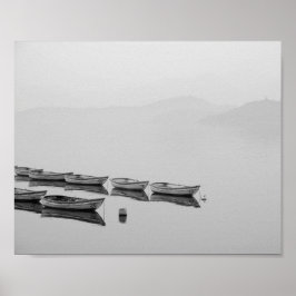 Black and White Lake with Boats Poster ポスター