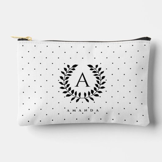 Black And White Laurel Monogram Polka Dot Pattern アクセサリーポーチ (正面)