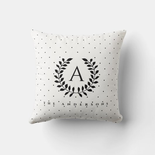 Black And White Laurel Monogram Polka Dot Pattern クッション (裏面)