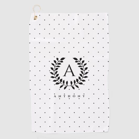 Black And White Laurel Monogram Polka Dot Pattern ゴルフタオル (正面)
