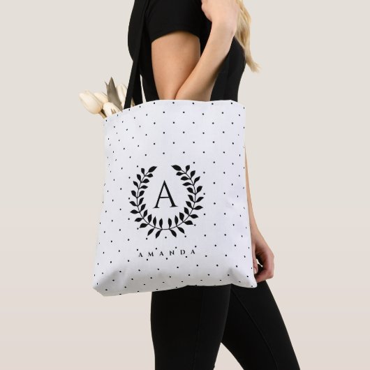 Black And White Laurel Monogram Polka Dot Pattern トートバッグ (クローズアップ)