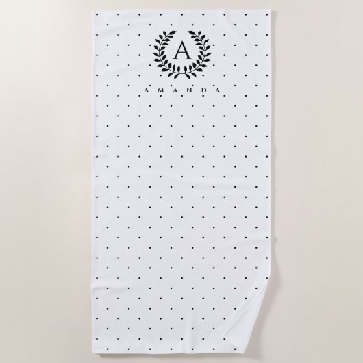 Black And White Laurel Monogram Polka Dot Pattern ビーチタオル (正面)