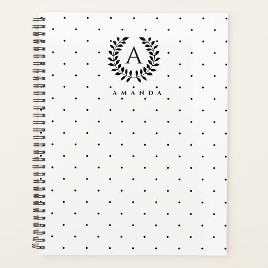 Black And White Laurel Monogram Polka Dot Pattern プランナー手帳 (正面)