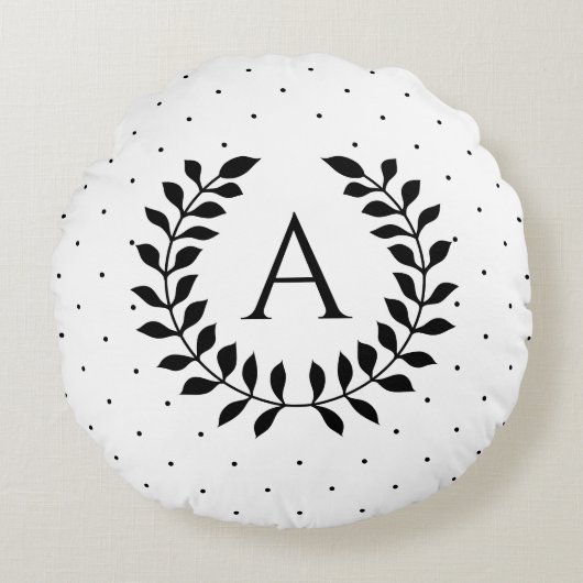 Black And White Laurel Monogram Polka Dot Pattern ラウンドクッション (正面)