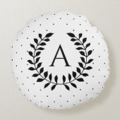 Black And White Laurel Monogram Polka Dot Pattern ラウンドクッション (裏面)