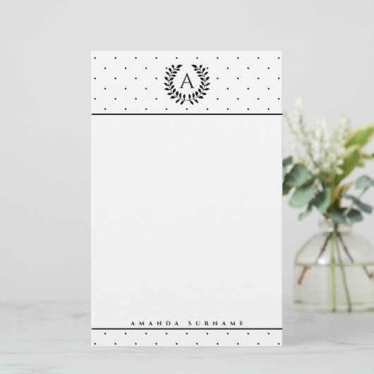 Black And White Laurel Monogram Polka Dot Pattern 便箋 (スタンド正面)