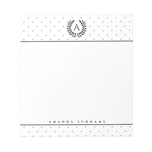 Black And White Laurel Monogram Tiny Polka Dots ノートパッド (正面)